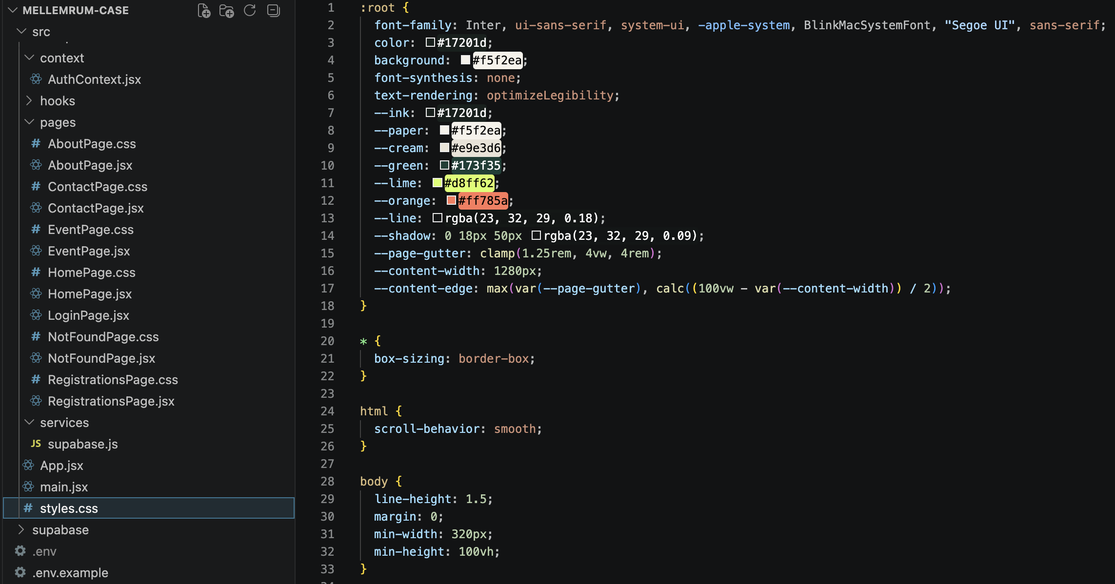 Eksempel på projektets komponentstruktur og opdeling af CSS