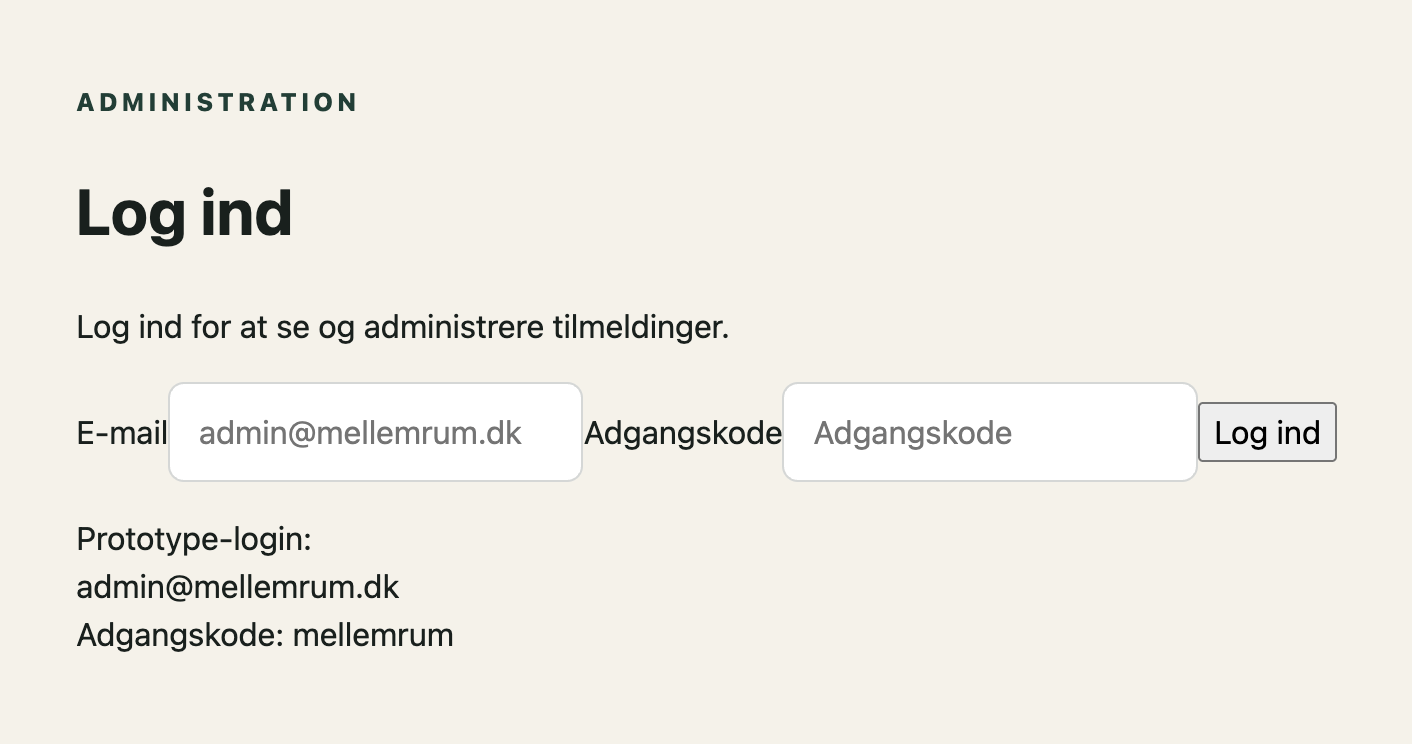 Skærmbillede af loginfunktionen til tilmeldingsoversigten