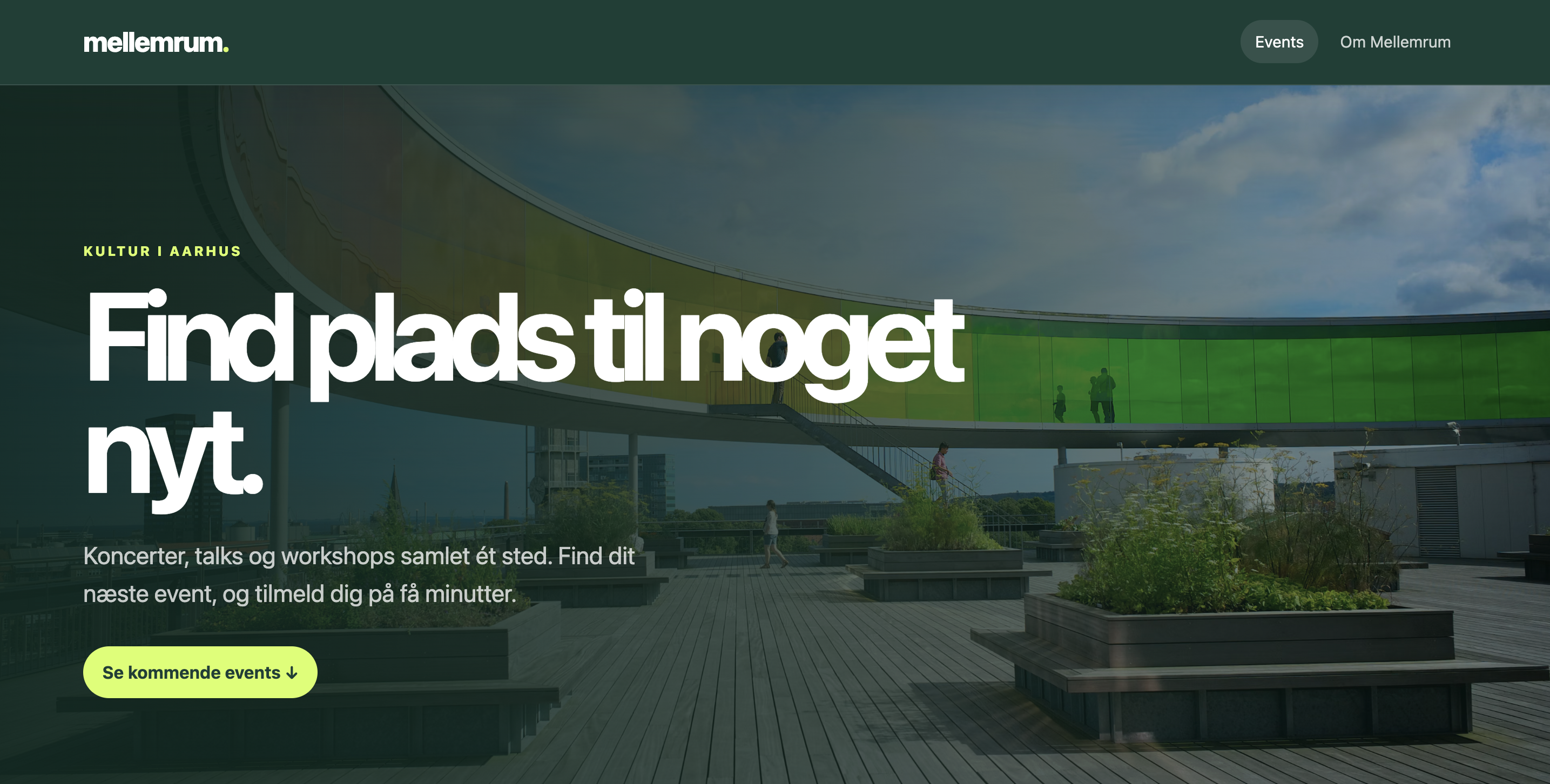 Skærmbillede af Mellemrums eventoversigt med søgefelt og eventkort