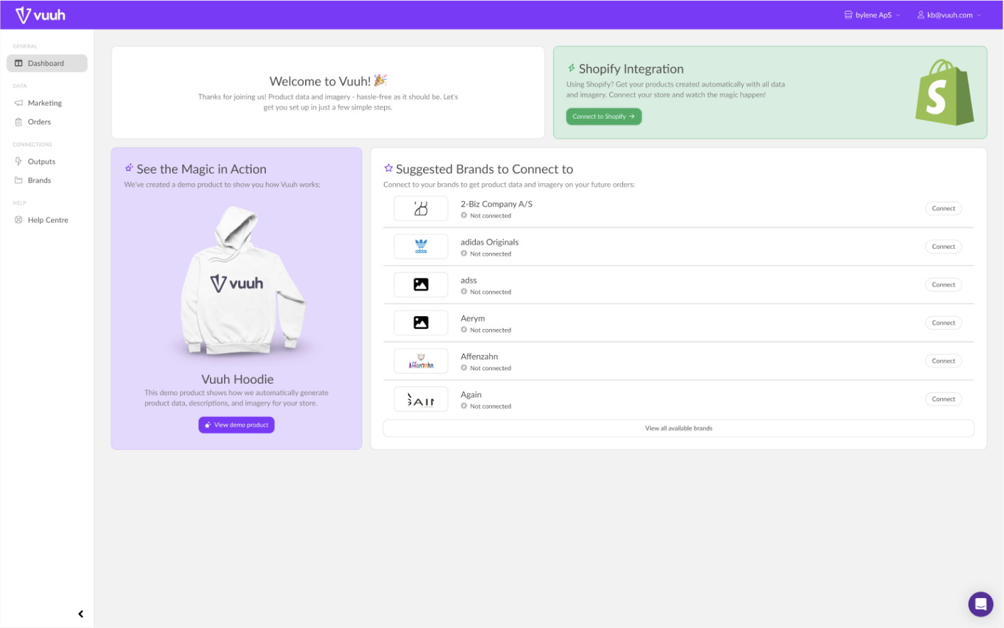 Skærmbillede af Vuuhs oprindelige dashboard før redesign